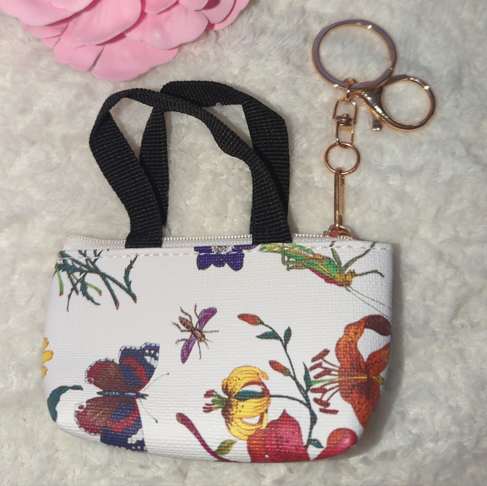 Cute Floral Bugs Garden Girl Cottagecore Mini Tote Keychain Bag Charm Pods Case